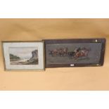 AN ANTIQUE HORSE RACING INTEREST PRINT IN OAK FRAME, TOGETHER WITH A WATERCOLOUR SIGNED J B ANDERSON