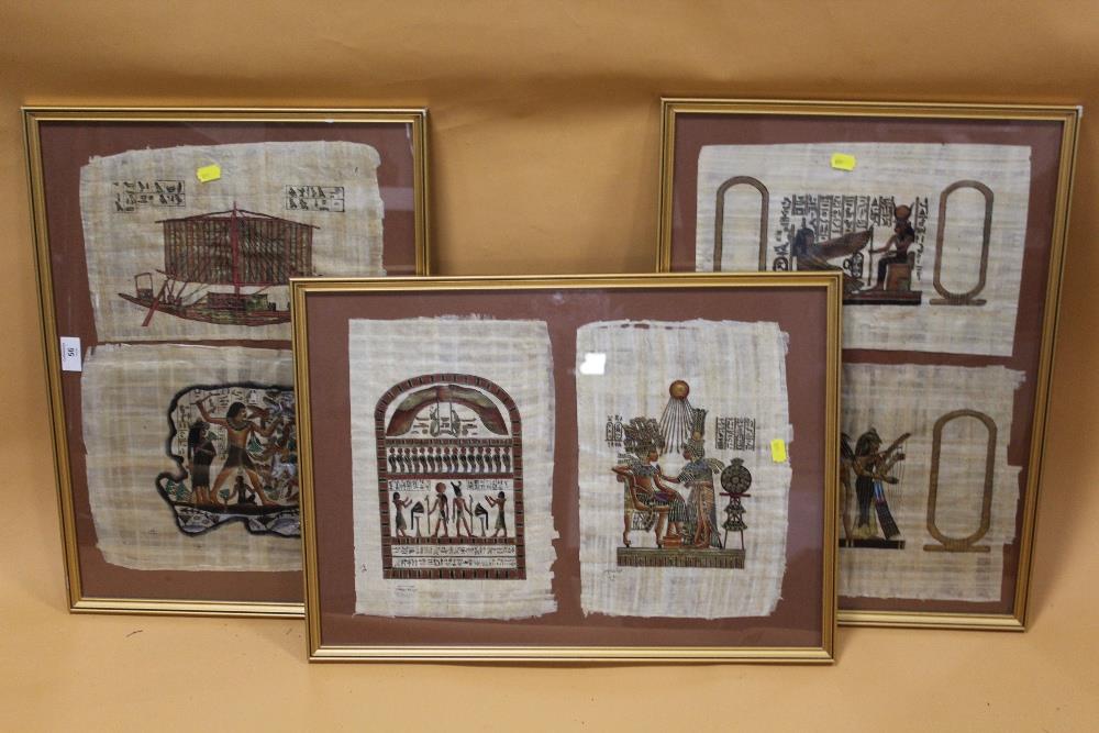 THREE FRAMED AND GLAZED EGYPTIAN PAPYRUS PICTURES