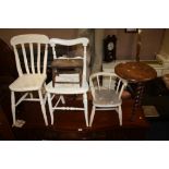 AN OAK BARLEYTWIST OCCASIONAL TABLE, STOOL 2 PAINTED CHAIRS AND A CHILDS ARMCHAIR (5)