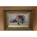 A GILT FRAMED AND GLAZED STILL LIFE OIL ON BOARD STUDY OF FRUIT AND FLOWERS SIGNED P SMITH LOWER