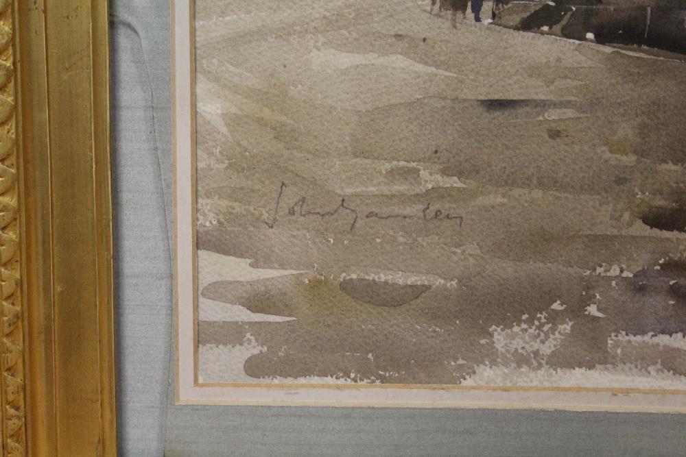 A GILT FRAMED AND GLAZED WATERCOLOUR OF A SAIL SHIP IN DOCK, INDISTINCTLY SIGNED LOWER LEFT - Image 2 of 2