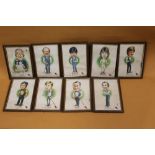 A SET OF NINE FRAMED AND GLAZED EMBASSY SNOOKER CELEBRITIES CHARACRATURE PRINTS