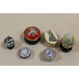 TWO WEDGWOOD ENAMEL PILL BOXES, TOGETHER WITH A LIMOGES EXAMPLE, ETC. (6)