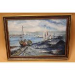 A GILT FRAMED OIL ON BOARD OF MOORED BOATS INITIALED MF LOWER LEFT