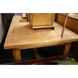 A MODERN HEAVY OAK REFECTORY TYPE TABLE H-74 CM L-181 CM A/F