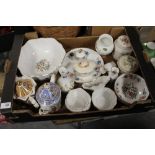 A TRAY OF ASSORTED CERAMICS TO INCLUDE AYNSLEY PEMBROKE, SADLER TEAPOTS ETC.