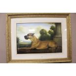 A GILT FRAMED AND GLAZED PRINT OF A LARGE DOG