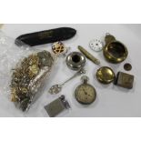 A BAG OF COLLECTABLES TO INCLUDE A FRUIT KNIFE, POCKET WATCH, ETC.