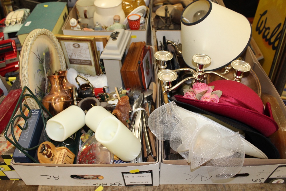 TWO TRAYS OF ASSORTED COLLECTABLES ETC. TO INCLUDE METALWARE, CLOCKS, SILVER PLATED PICTURE FRAMES