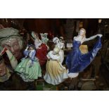 FIVE CERAMIC LADY FIGURES OF VARIOUS MAKERS TOGETHER WITH TWO CONTINENTAL STYLE CERAMICS (7) A/F