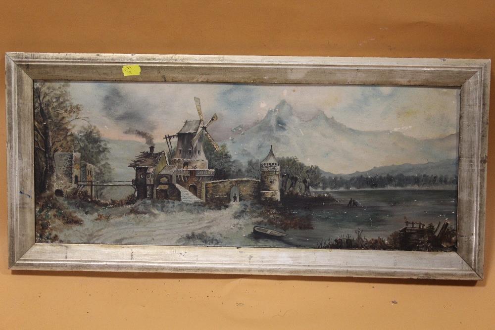 A FRAMED 19TH CENTURY OIL ON BOARD OF A WINDMILL BY A LAKE