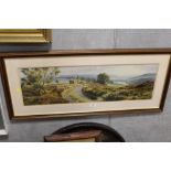 A LARGE FRAMED AND GLAZED PRINT OF A LANDSCAPE ENTITLED MOORLAND VIEW BY REX PRESTON