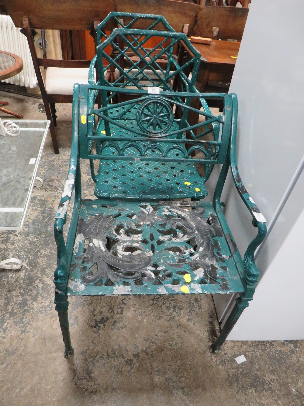 A PAIR OF CAST ALUMINIUM CHAIRS TOGETHER WITH ANOTHER (3)