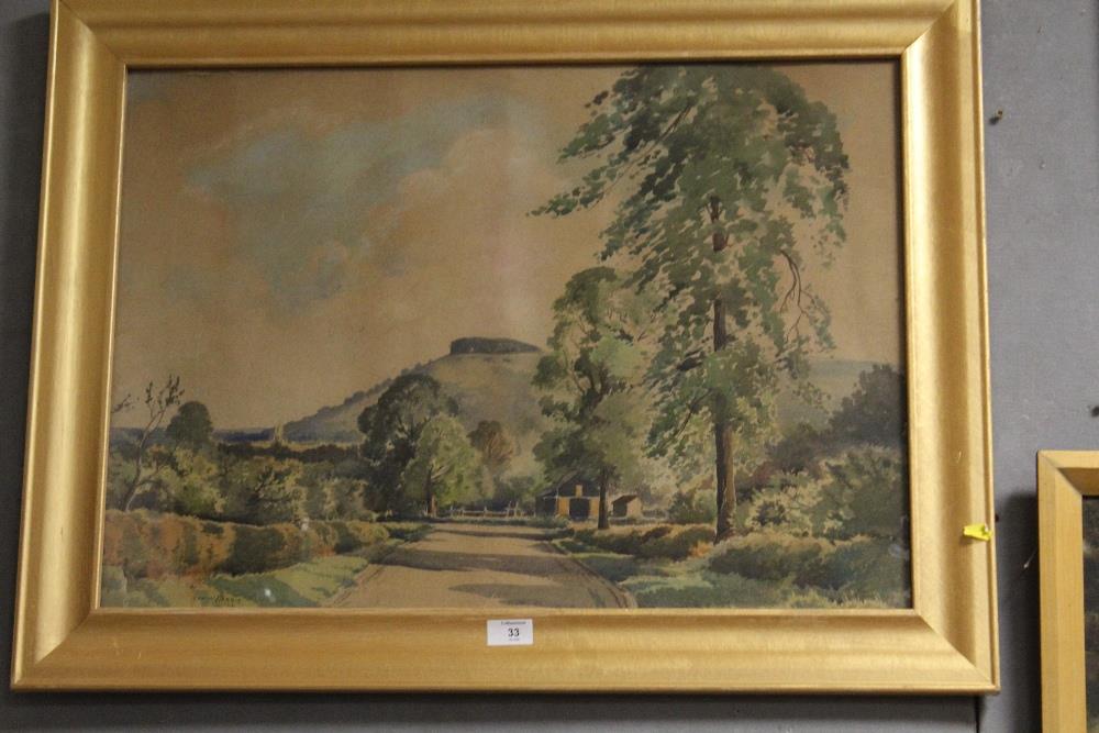 A LARGE GILT FRAMED AND GLAZED WATERCOLOUR DEPICTING A HILLSIDE ROD SIGNED EDWIN HARRIS