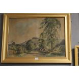 A LARGE GILT FRAMED AND GLAZED WATERCOLOUR DEPICTING A HILLSIDE ROD SIGNED EDWIN HARRIS