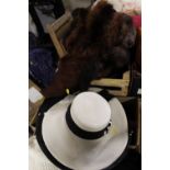 A BOX OF LADIES VINTAGE FUR STOLES ETC TOGETHER WITH A COLLECTION OF VINTAGE LADIES HATS