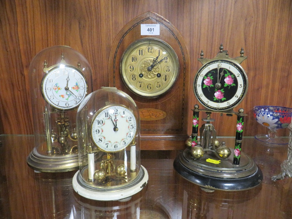 A VINTAGE MAHOGANY LANCET CLOCK TOGETHER WITH THREE ANNIVERSARY CLOCKS