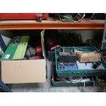 TWO TRAYS OF ELECTRICALS, TWO TOOL BOXES AND CONTENTS AND A LARGE BOX OF OIL CANS