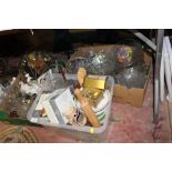 THREE TRAYS OF ASSORTED GLASSWARE, CERAMICS ETC. TO INCLUDE PAPERWEIGHTS