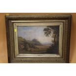 A 19TH CENTURY GILT FRAMED OIL ON BOARD OF A COASTAL SCENE WITH CASTLE BY P VAN DYKE BROWNE