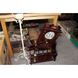 A WESTFIELD REPRODUCTION WALL CLOCK TOGETHER WITH A GLASS DOMED CLOCK, MAGAZINE RACK AND A STAND (