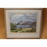 A FRAMED AND GLAZED WATERCOLOUR OF A MOUNTAINOUS LAKE SCENE SIGNED MURIEL DEXTER