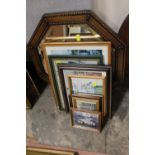 A QUANTITY OF LOWRY PRINTS AND AN OAK FRAMED MIRROR