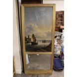 A 19TH CENTURY OIL ON CANVAS OF A FRENCH ESTUARY HARBOUR SCENE WITH MIRROR PANEL BELOW IN GILT