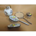 A ROYAL WORCESTER BLUSH IVORY JUG A/F TOGETHER WITH A COLLECTION OF ENAMELLED DRESSING TABLE ITEMS