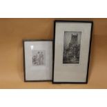 A FRAMED AND GLAZED PEN AND INK SKETCH OF AN INTERIOR SCENE WITH FIGURES TOGETHER WITH A PRINT OF