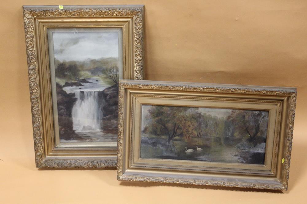 A PAIR OF ANTIQUES GUILT FRAMED OIL ON CANVAS OF A WATERFALL AND A RIVER