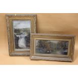 A PAIR OF ANTIQUES GUILT FRAMED OIL ON CANVAS OF A WATERFALL AND A RIVER