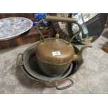 A VINTAGE COPPER KETTLE TOGETHER WITH TWO COPPER PANS