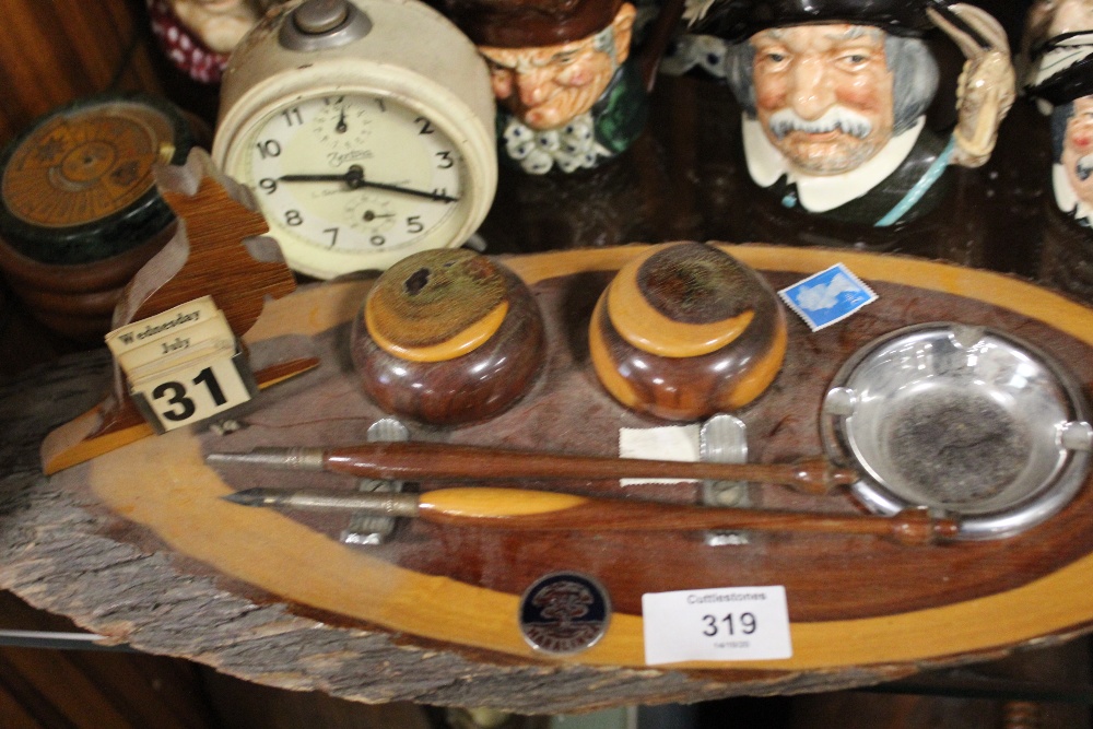 A MARALINGA WOODEN DESK TIDY TOGETHER WITH VINTAGE ALARM CLOCK AND A 40 YEAR CALENDAR (3)