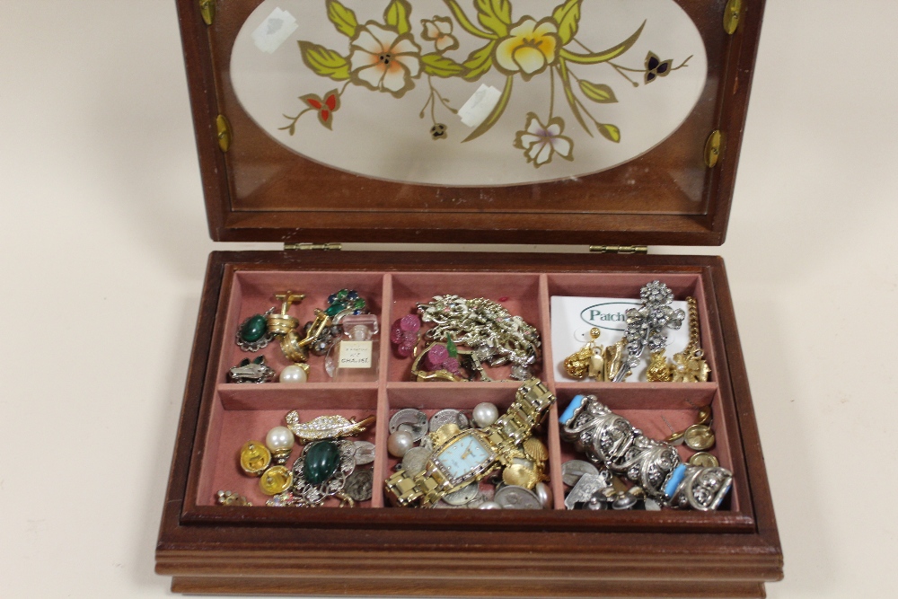 A BOX OF COSTUME JEWELLERY, WATCHES ETC.