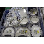 A LARGE TRAY OF MINTON HADDON HALL TRELLIS BLUE CERAMICS TO INCLUDE DISHES, SUGAR BOWLS ETC.