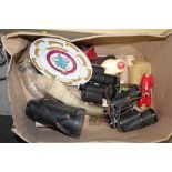 A BOX OF COLLECTABLES TO INCLUDE BINOCULARS, MOTORISED VINTAGE TOY CAR, HORN ETC.