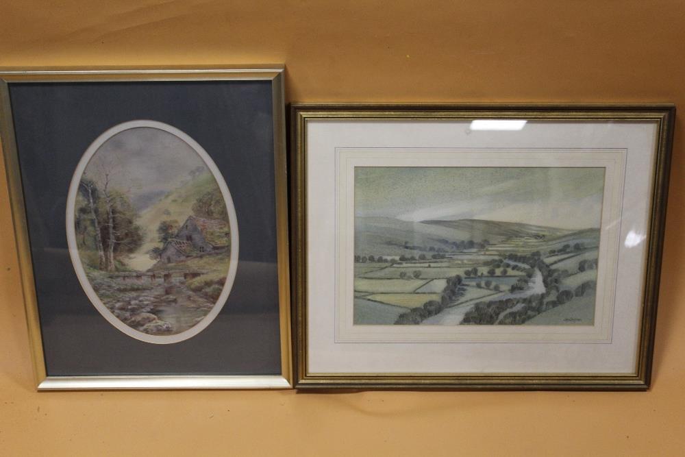 A FRAMED AND GLAZED WATERCOLOUR OF A RURAL LANDSCAPE SIGNED JOHN DEGNAN TOGETHER WITH AN OVAL