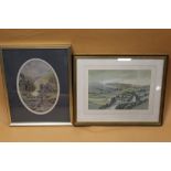 A FRAMED AND GLAZED WATERCOLOUR OF A RURAL LANDSCAPE SIGNED JOHN DEGNAN TOGETHER WITH AN OVAL