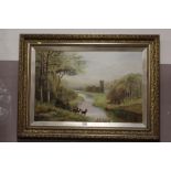 A LARGE GILT FRAMED OIL ON CANVAS ENTITLED 'FOUNTAINS ABBEY - YORKSHIRE' BY E M JAMESON