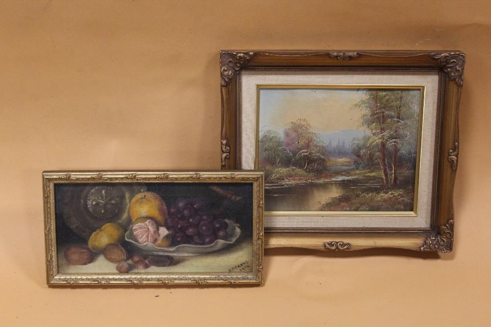 A GILT FRAMED OIL ON CANVAS STILL LIFE STUDY OF FRUIT IN A BOWL, SIGNED DICKENS 1914 TOGETHER WITH A