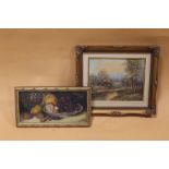 A GILT FRAMED OIL ON CANVAS STILL LIFE STUDY OF FRUIT IN A BOWL, SIGNED DICKENS 1914 TOGETHER WITH A