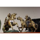 A PAIR OF SPELTER STYLE WARRIOR FIGURES OF HORSEBACK A/F