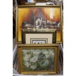 A BOX OF PICTURES TO INCLUDE A HARBOUR SCENE OIL ON CANVAS SIGNED MAX SAVY AND A WATERCOLOUR OF A