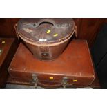 A VINTAGE REVELATION LEATHER SUITCASE TOGETHER WITH A LEATHER HAT BOX