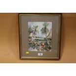 A FRAMED GLAZED WATERCOLOUR OF FIGURES FISHING SIGNED CHENK