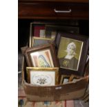 A LARGE BOX OF ASSORTED PICTURES AND PRINTS TO INCLUDE OAK FRAMED EXAMPLES