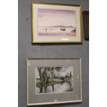 TWO FRAMED AND GLAZED WATERCOLOURS DEPICTING SHIPS AT SEA AND A RIVER SCENE