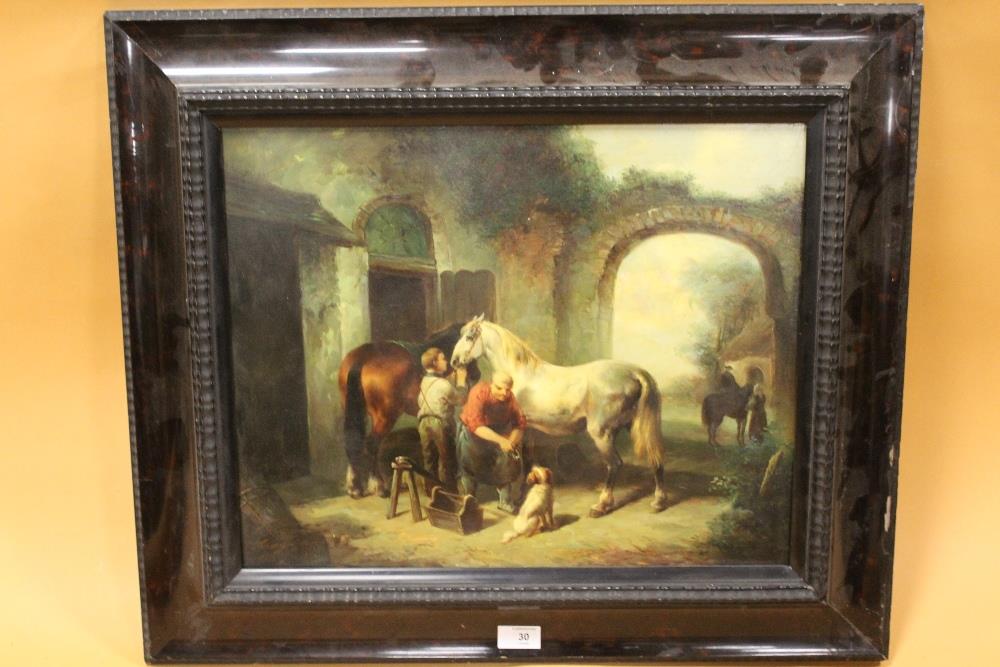 A 20th CENTURY FRAMED OIL ON BOARD OF A COURTYARD SCENE IN 18TH CENTURY STYLE WITH HORSES AND BLACKS