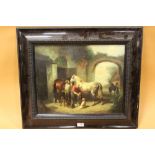 A 20th CENTURY FRAMED OIL ON BOARD OF A COURTYARD SCENE IN 18TH CENTURY STYLE WITH HORSES AND BLACKS